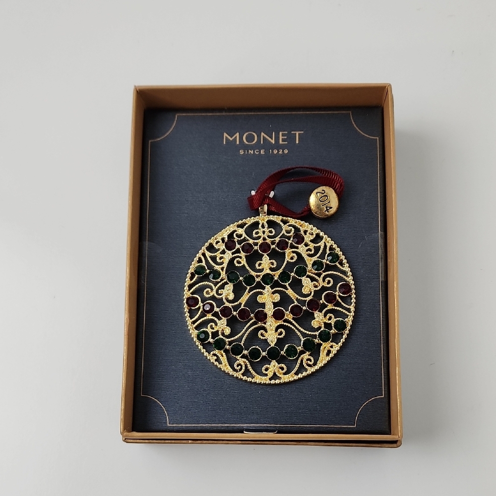 Monet 2014 Holiday Christmas Ornament Gold Tone Red Green